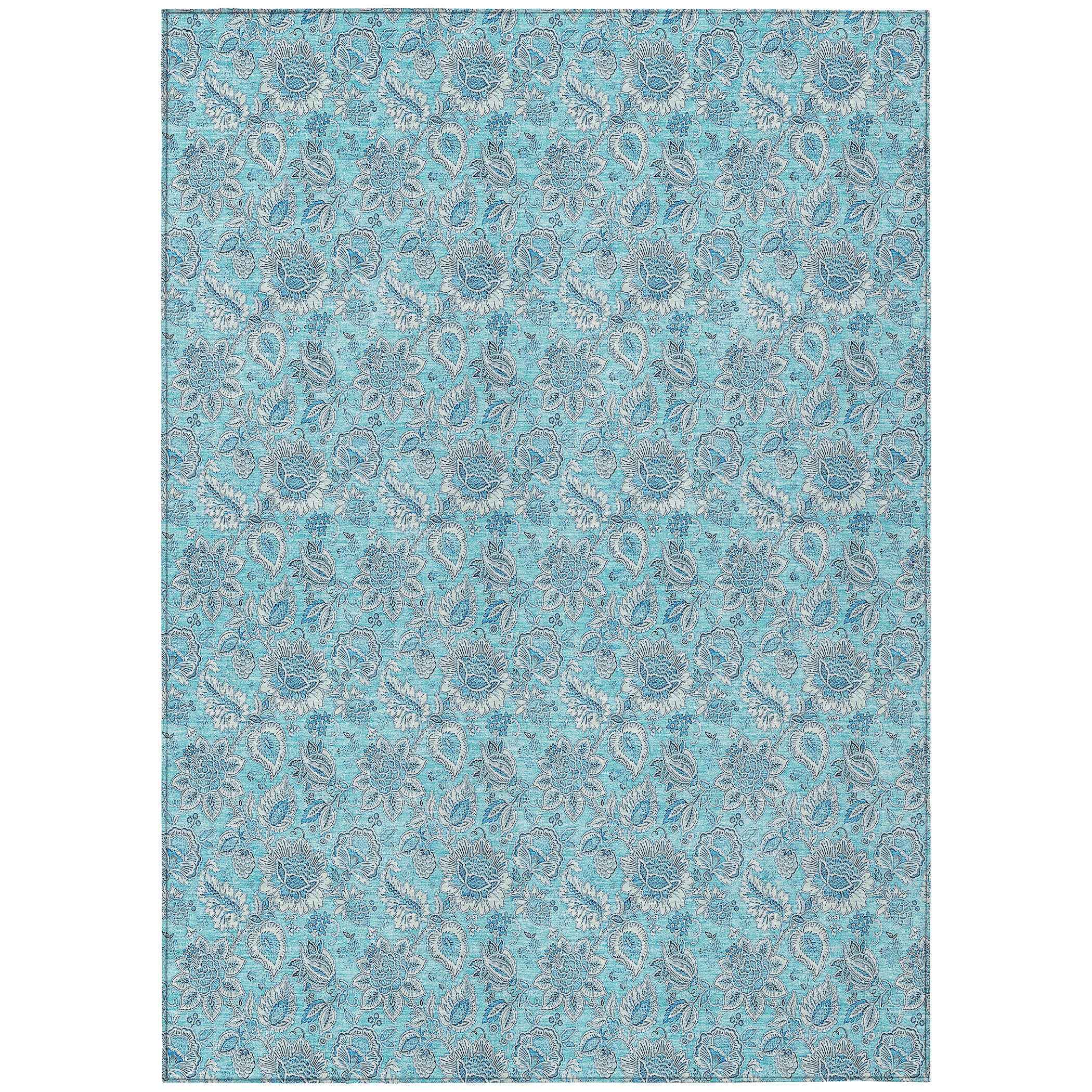 5' X 8' Aqua Blue And Silver Floral Washable Indoor Outdoor Area Rug