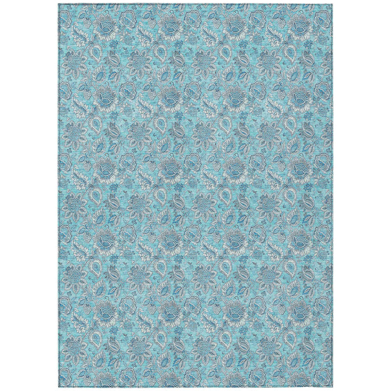5' X 8' Aqua Blue And Silver Floral Washable Indoor Outdoor Area Rug