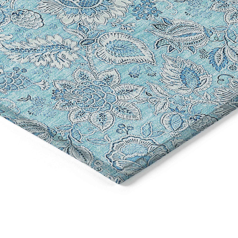 5' X 8' Aqua Blue And Silver Floral Washable Indoor Outdoor Area Rug