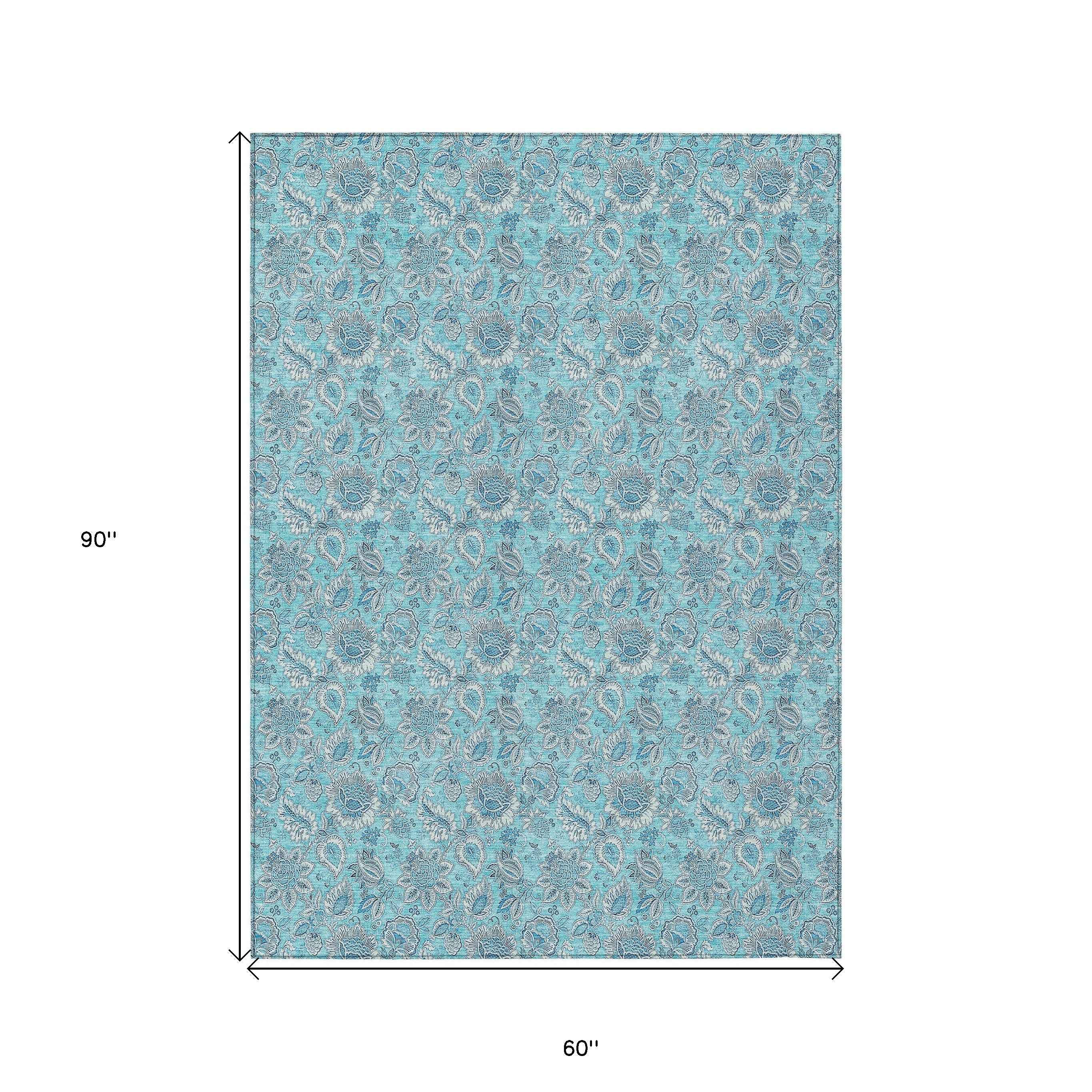 5' X 8' Aqua Blue And Silver Floral Washable Indoor Outdoor Area Rug