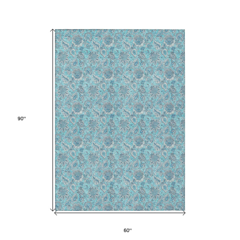 5' X 8' Aqua Blue And Silver Floral Washable Indoor Outdoor Area Rug