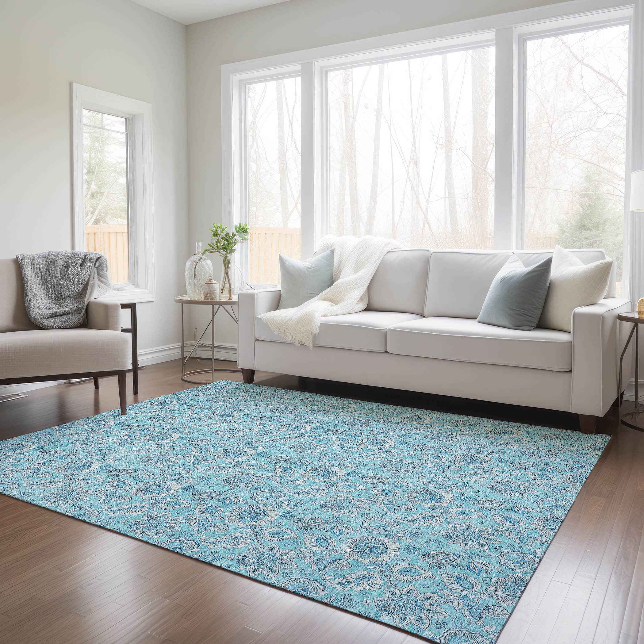 5' X 8' Aqua Blue And Silver Floral Washable Indoor Outdoor Area Rug