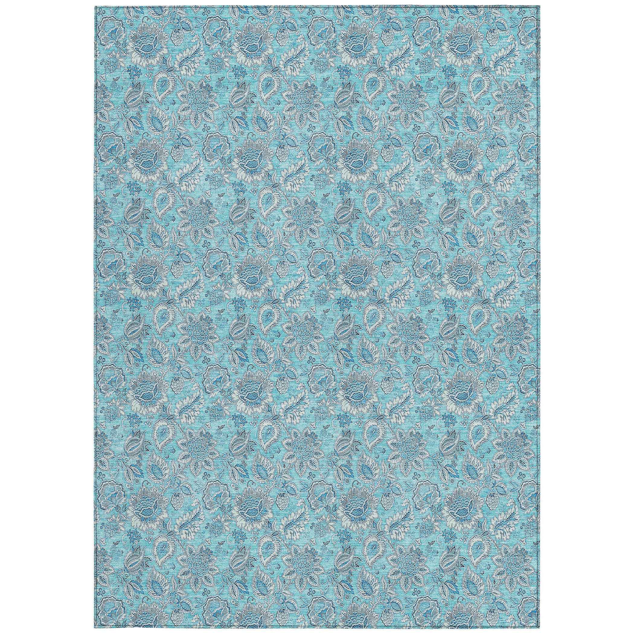 5' X 8' Aqua Blue And Silver Floral Washable Indoor Outdoor Area Rug