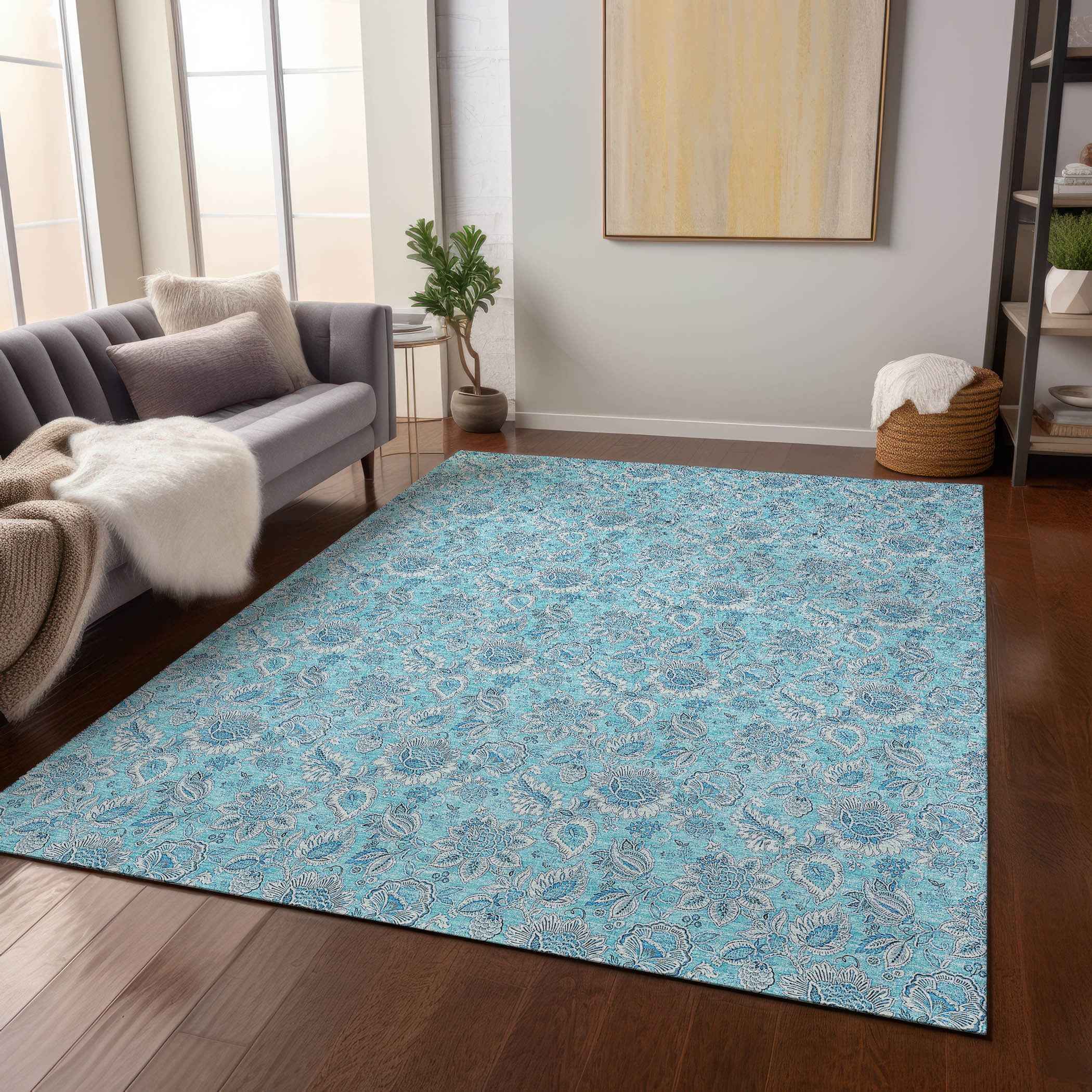 5' X 8' Aqua Blue And Silver Floral Washable Indoor Outdoor Area Rug