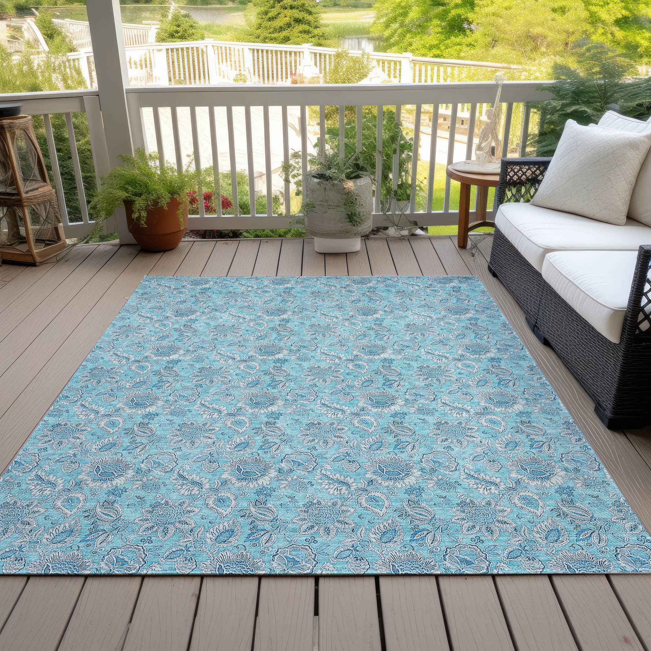 5' X 8' Aqua Blue And Silver Floral Washable Indoor Outdoor Area Rug
