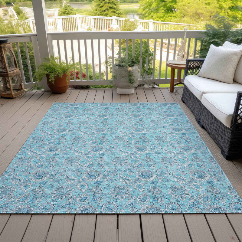 5' X 8' Aqua Blue And Silver Floral Washable Indoor Outdoor Area Rug