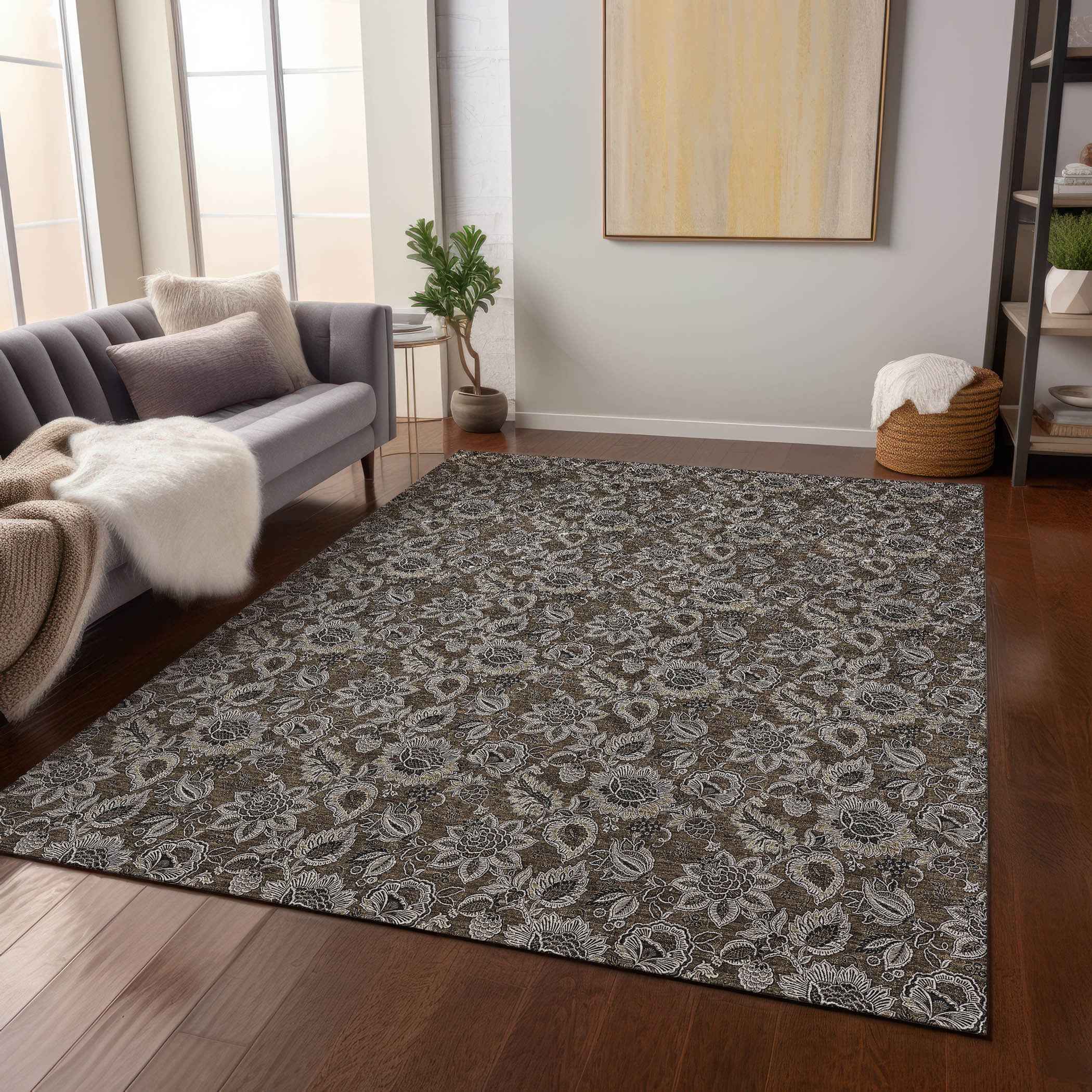 8' X 10' Chocolate And Charcoal Floral Washable Indoor Outdoor Area Rug