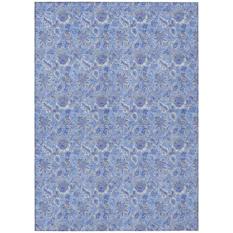 9' X 12' Navy Blue And Denim Blue Floral Washable Indoor Outdoor Area Rug