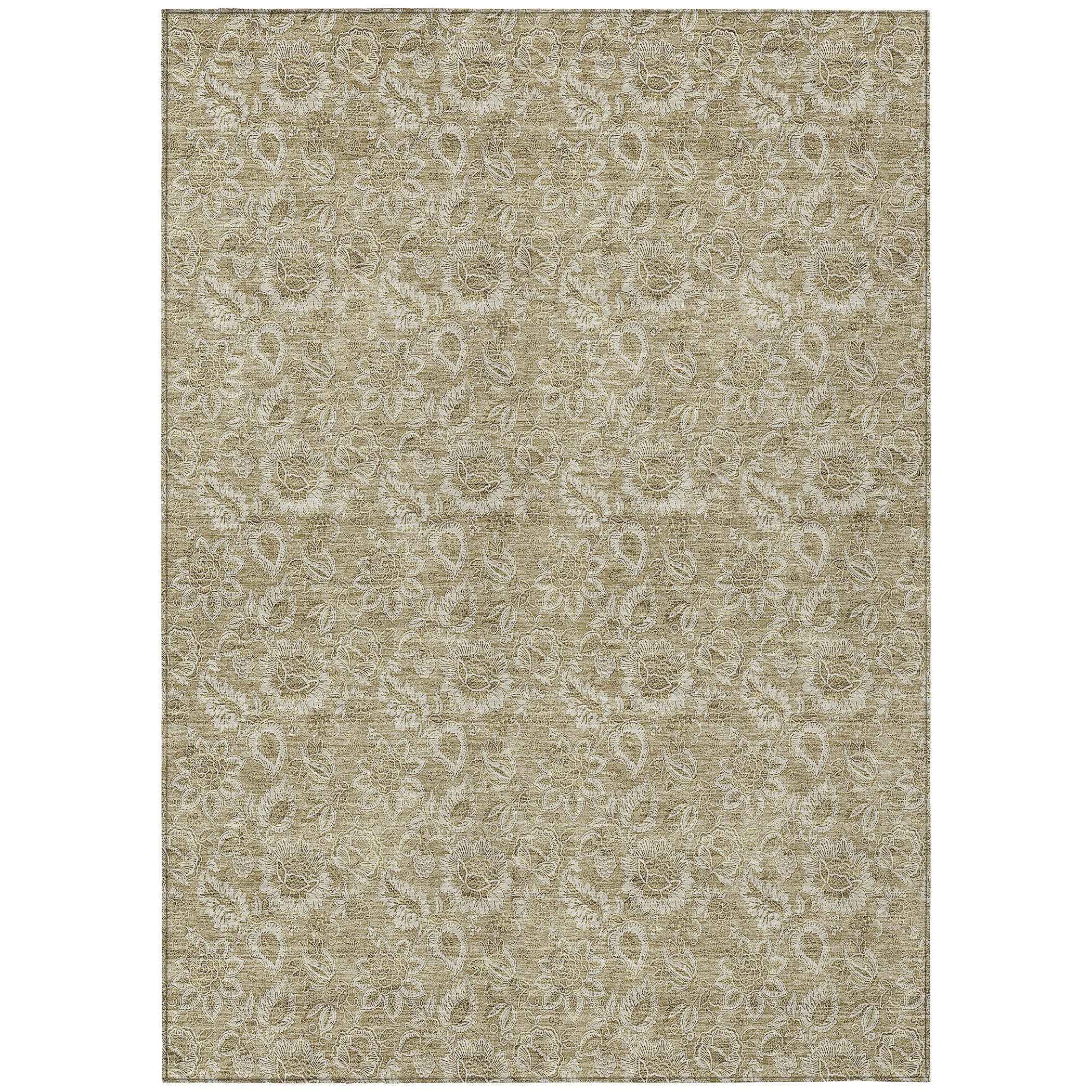 9' X 12' Beige Taupe And Brown Floral Washable Indoor Outdoor Area Rug