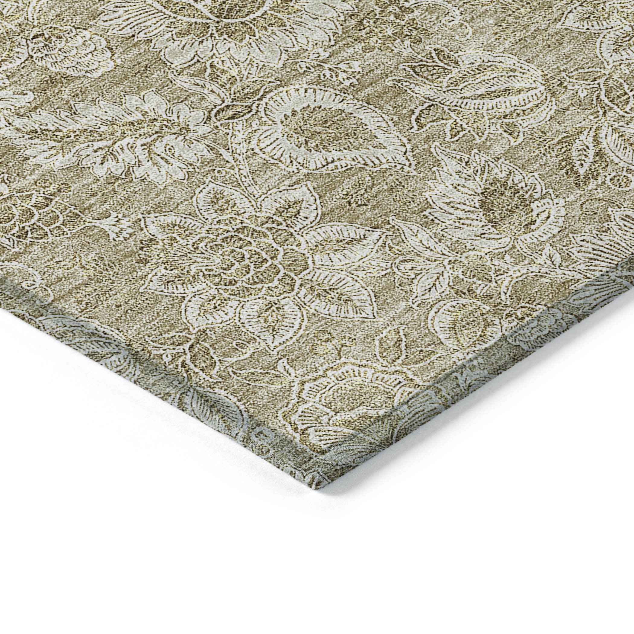 9' X 12' Beige Taupe And Brown Floral Washable Indoor Outdoor Area Rug