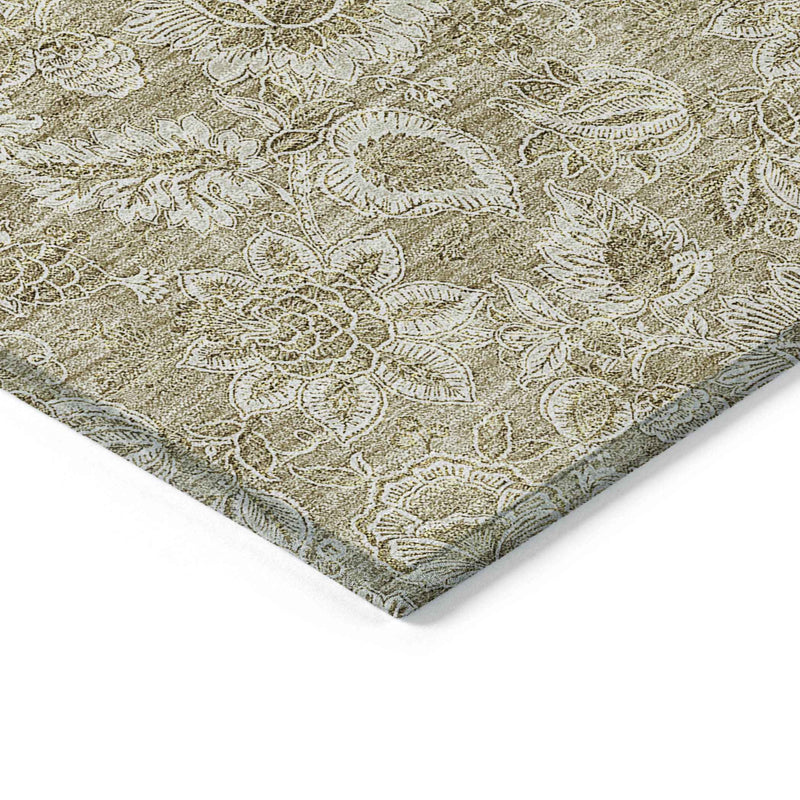 9' X 12' Beige Taupe And Brown Floral Washable Indoor Outdoor Area Rug