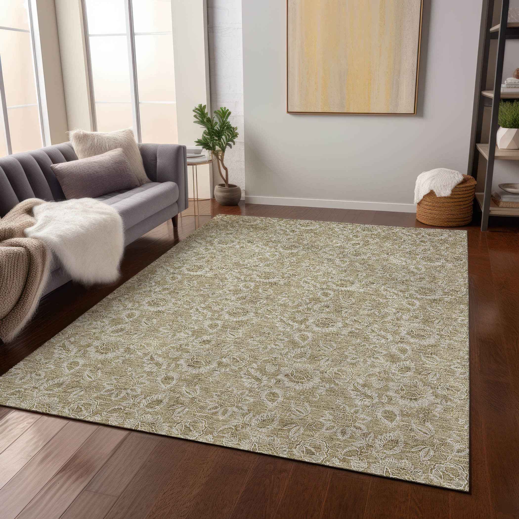 9' X 12' Beige Taupe And Brown Floral Washable Indoor Outdoor Area Rug
