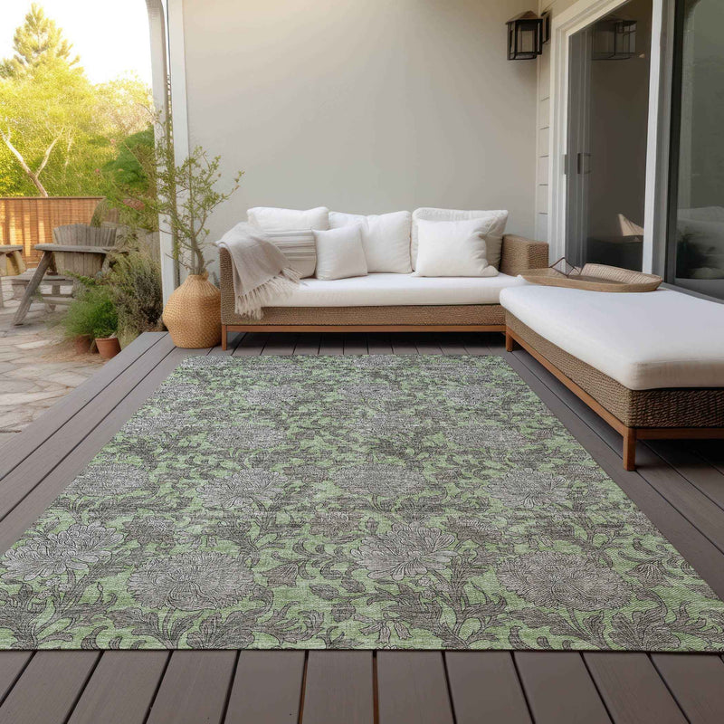 10' X 14' Artichoke Green Gray And Taupe Floral Washable Indoor Outdoor Area Rug