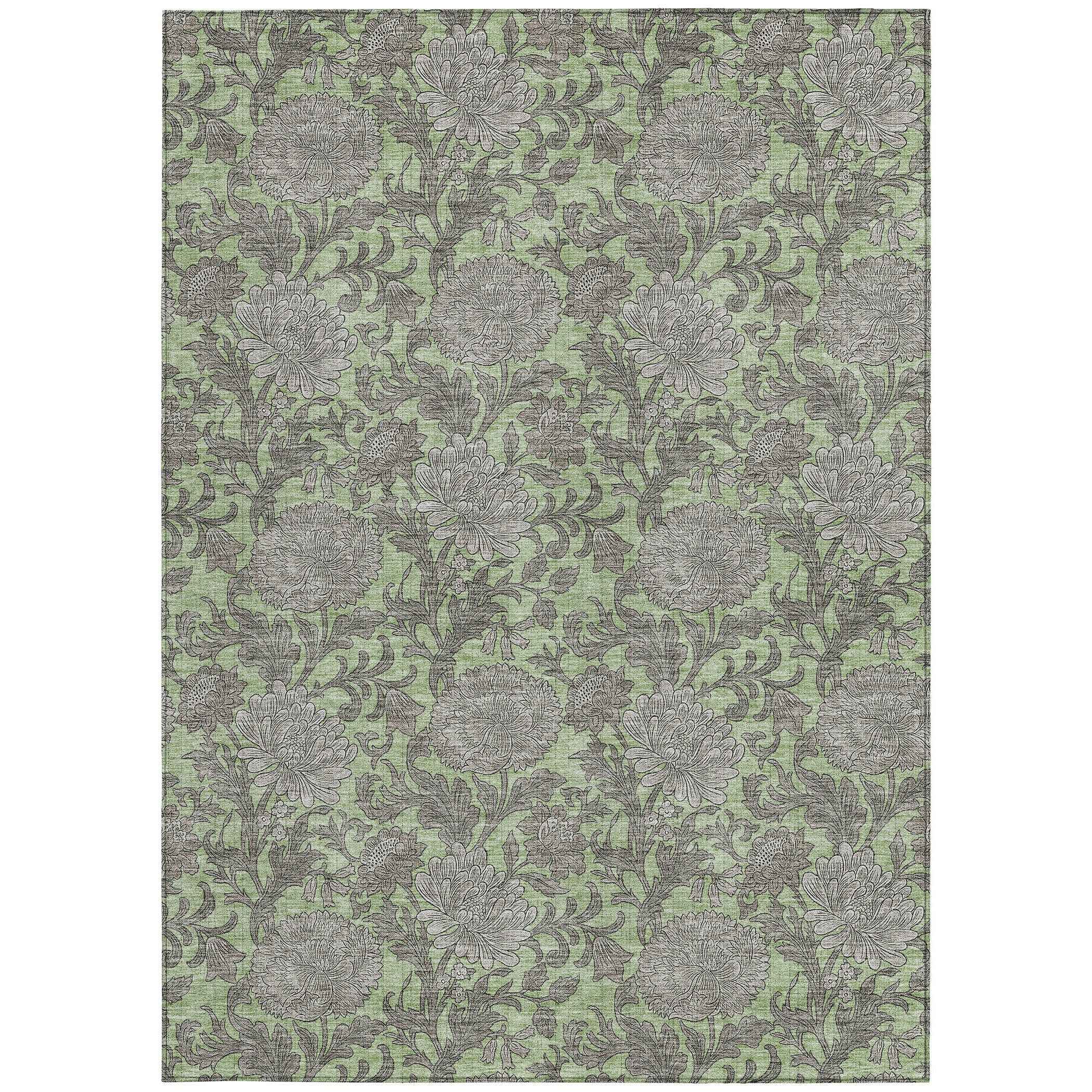 3' X 5' Artichoke Green Gray And Taupe Floral Washable Indoor Outdoor Area Rug