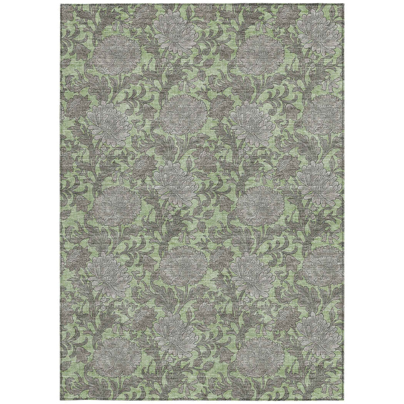 3' X 5' Artichoke Green Gray And Taupe Floral Washable Indoor Outdoor Area Rug