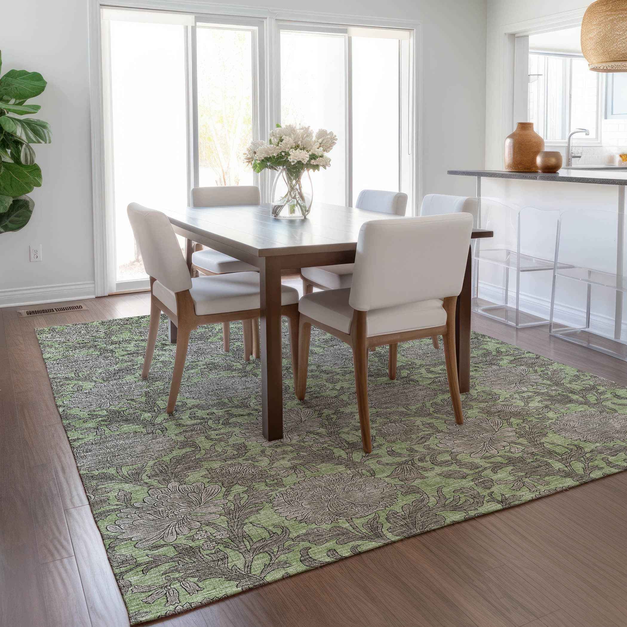 3' X 5' Artichoke Green Gray And Taupe Floral Washable Indoor Outdoor Area Rug