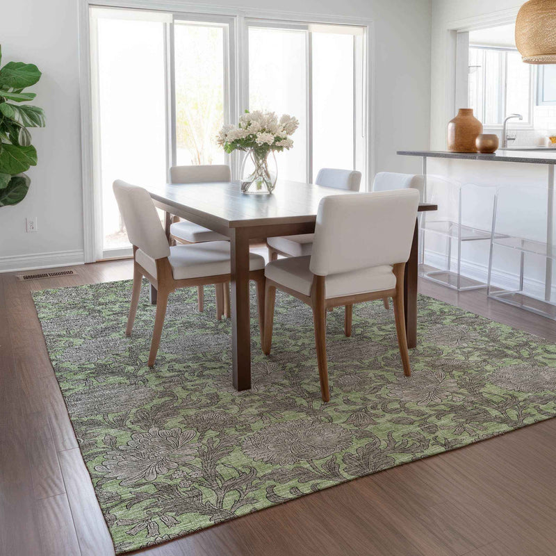 3' X 5' Artichoke Green Gray And Taupe Floral Washable Indoor Outdoor Area Rug