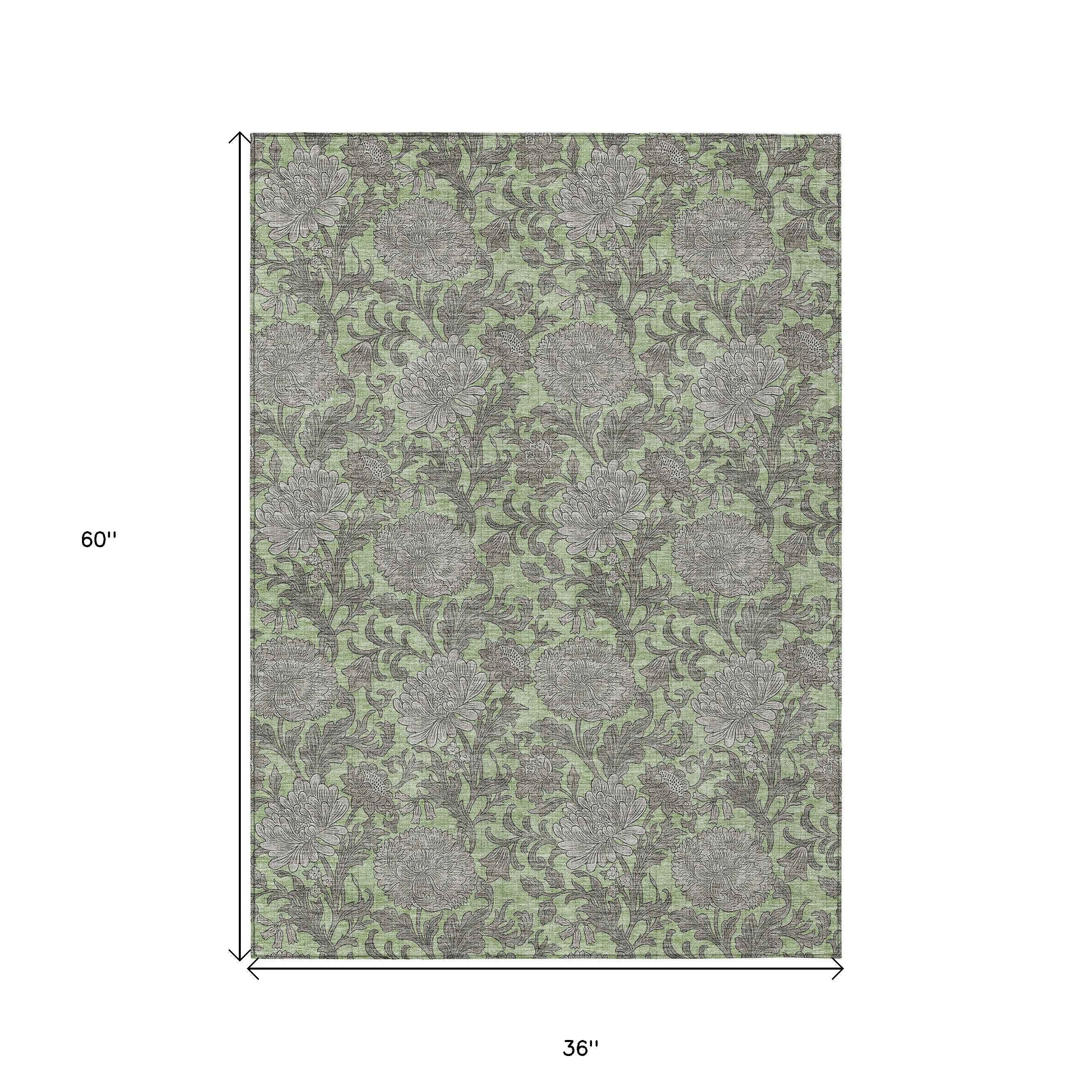 3' X 5' Artichoke Green Gray And Taupe Floral Washable Indoor Outdoor Area Rug