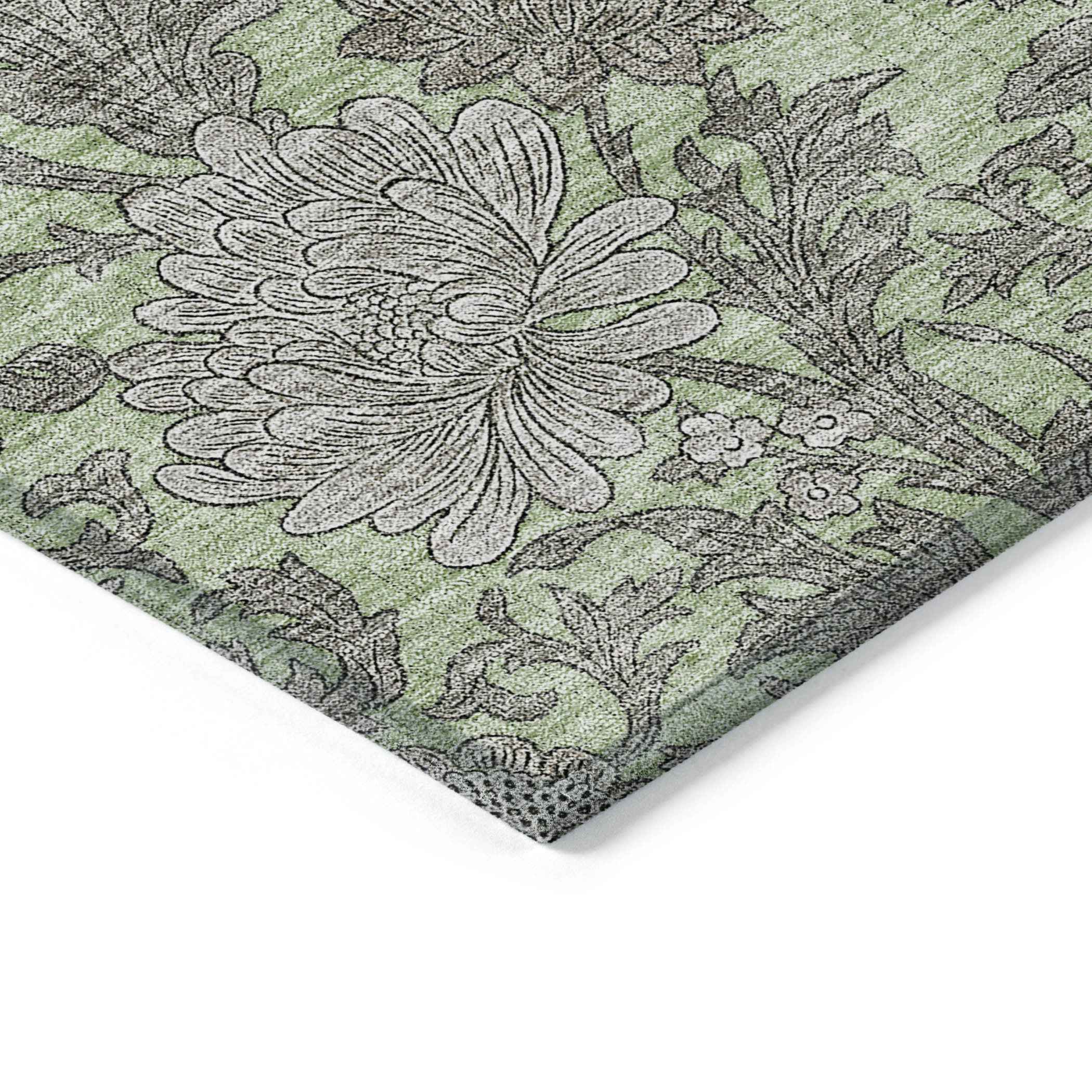3' X 5' Artichoke Green Gray And Taupe Floral Washable Indoor Outdoor Area Rug
