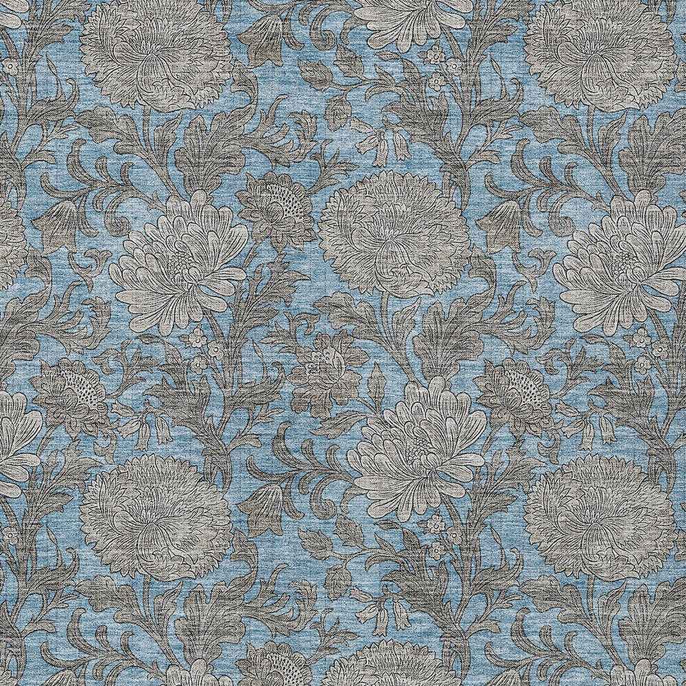 3' X 5' Blue Gray And Silver Floral Washable Indoor Outdoor Area Rug