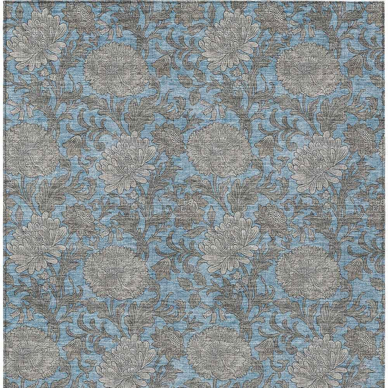 3' X 5' Blue Gray And Silver Floral Washable Indoor Outdoor Area Rug