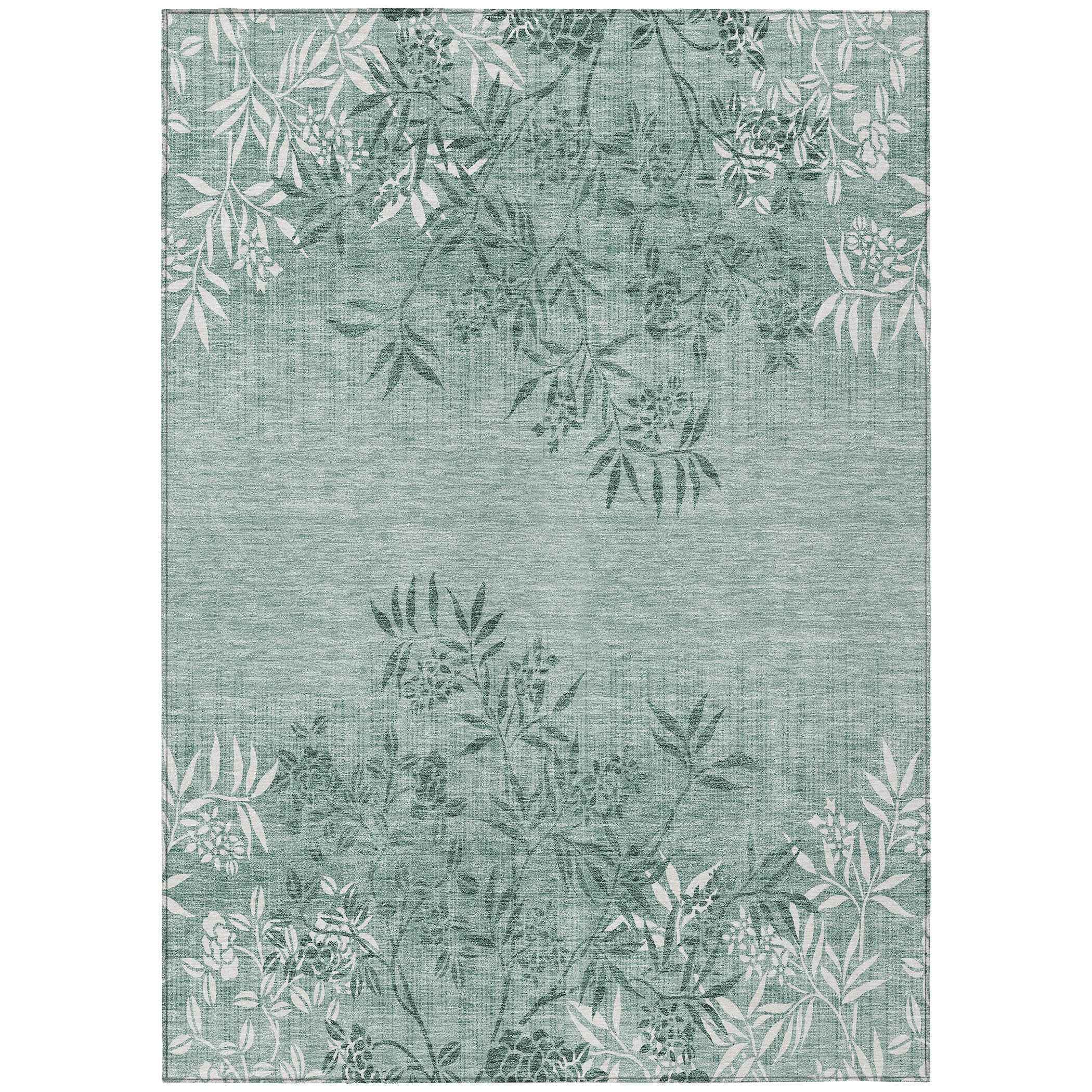 5' X 8' Sage Fern Green And Ivory Floral Washable Indoor Outdoor Area Rug