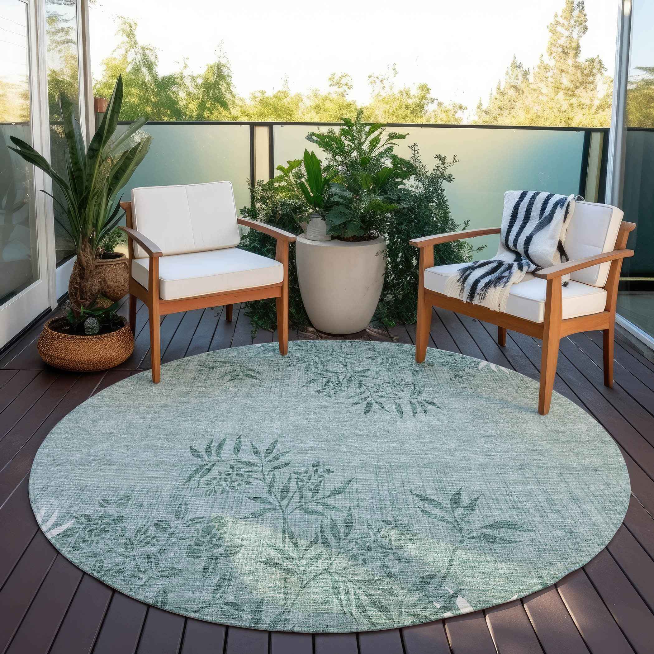 8' Sage Fern Green And Ivory Round Floral Washable Indoor Outdoor Area Rug