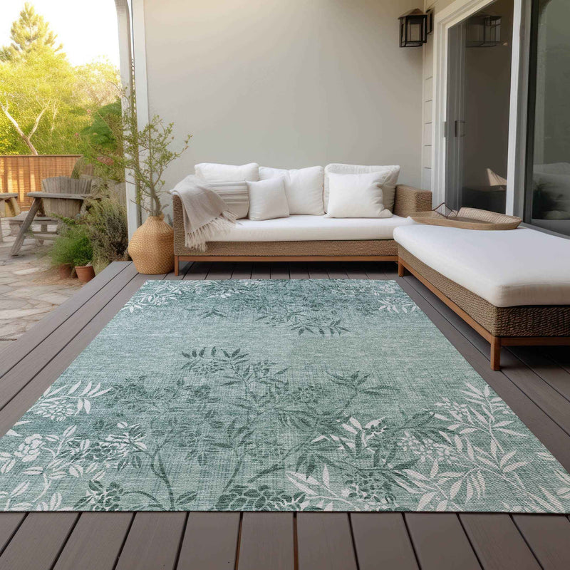 5' X 8' Sage Fern Green And Ivory Floral Washable Indoor Outdoor Area Rug