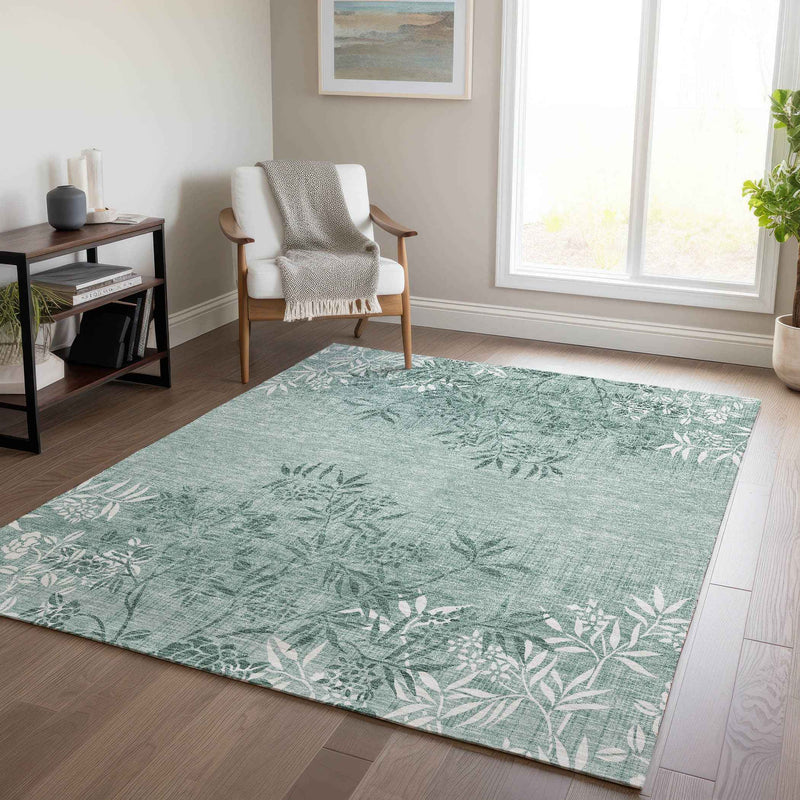 5' X 8' Sage Fern Green And Ivory Floral Washable Indoor Outdoor Area Rug