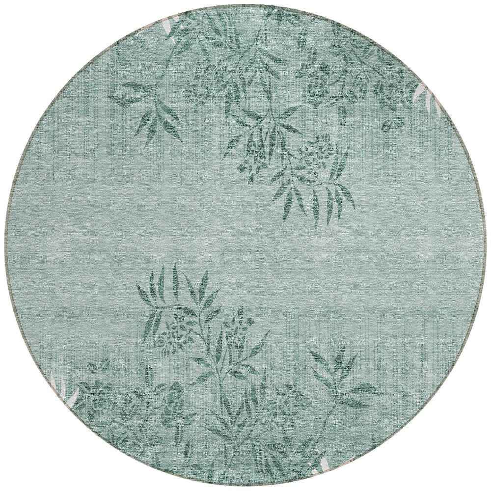 8' Sage Fern Green And Ivory Round Floral Washable Indoor Outdoor Area Rug
