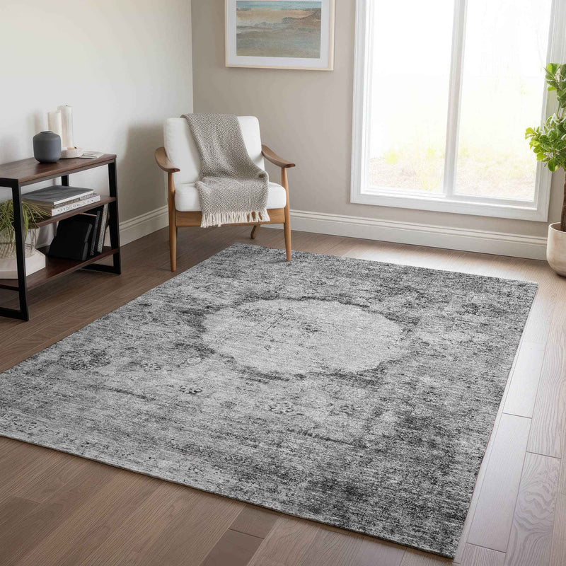 9' X 12' Gray Charcoal And Silver Oriental Washable Indoor Outdoor Area Rug