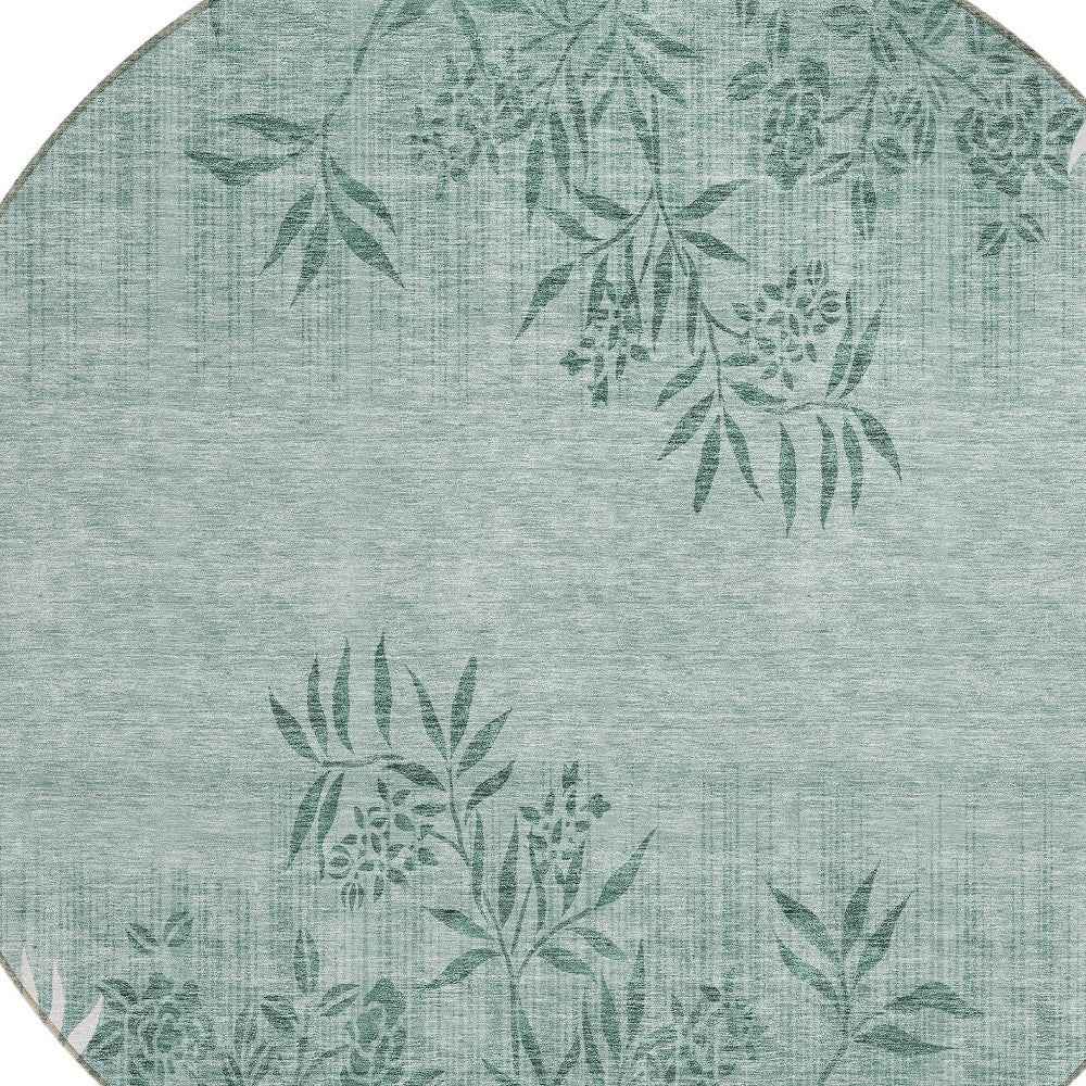 8' Sage Fern Green And Ivory Round Floral Washable Indoor Outdoor Area Rug