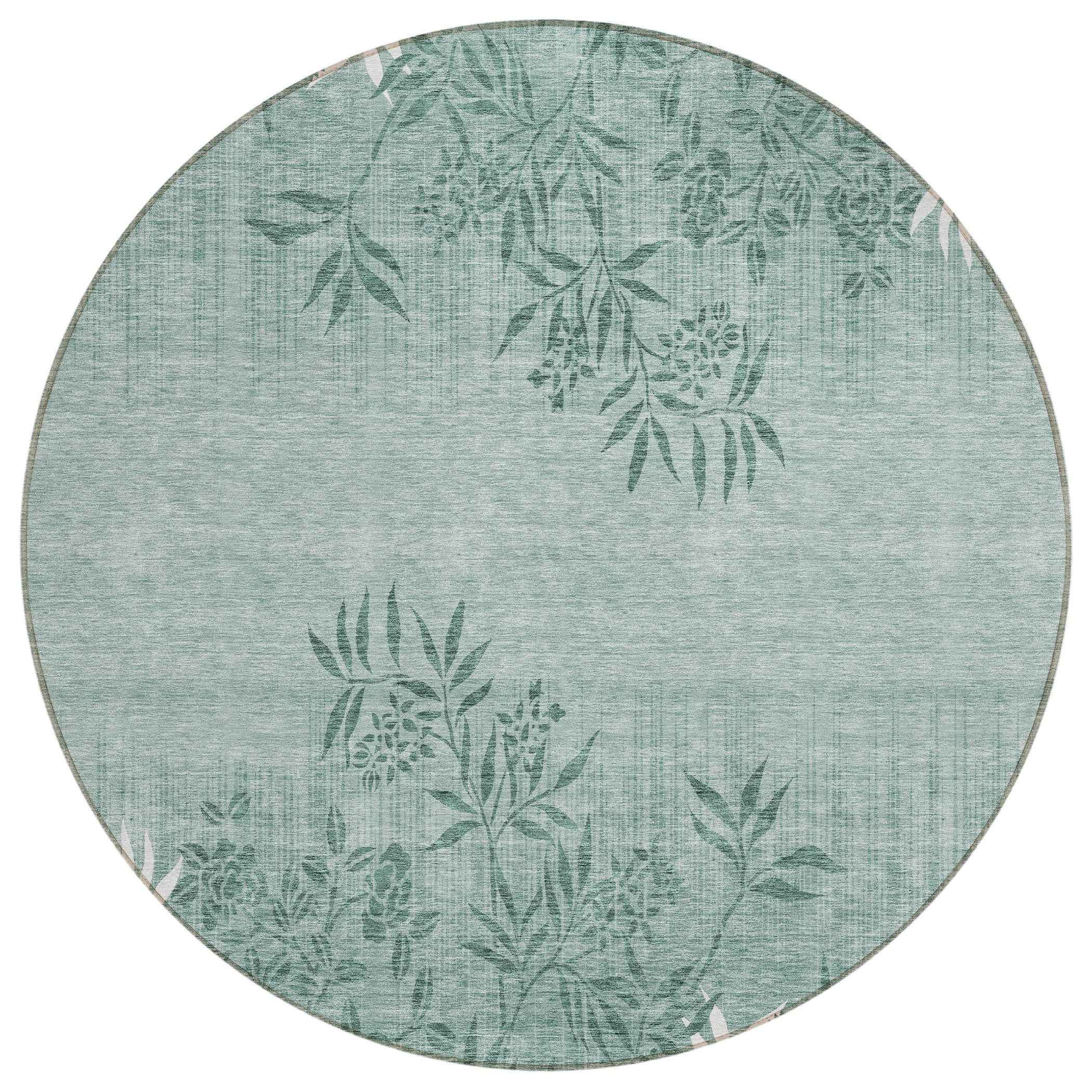 8' Sage Fern Green And Ivory Round Floral Washable Indoor Outdoor Area Rug