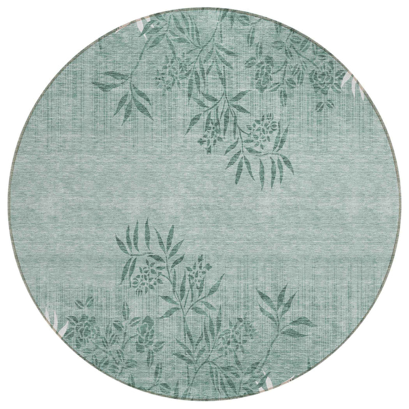 8' Sage Fern Green And Ivory Round Floral Washable Indoor Outdoor Area Rug