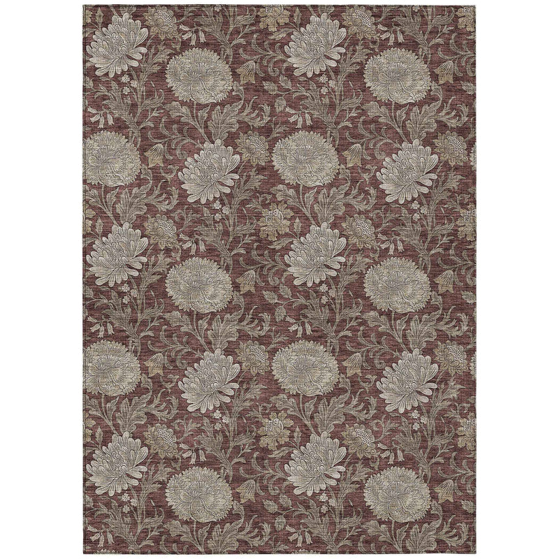 8' X 10' Merlot Taupe And Beige Floral Washable Indoor Outdoor Area Rug