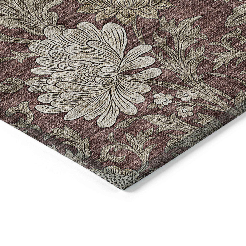 8' X 10' Merlot Taupe And Beige Floral Washable Indoor Outdoor Area Rug