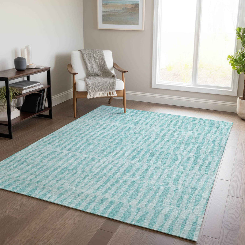 8' X 10' Teal Blue And Aqua Striped Washable Indoor Outdoor Area Rug