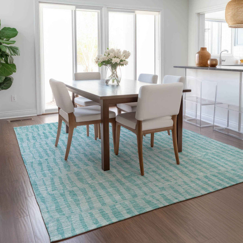 8' X 10' Teal Blue And Aqua Striped Washable Indoor Outdoor Area Rug