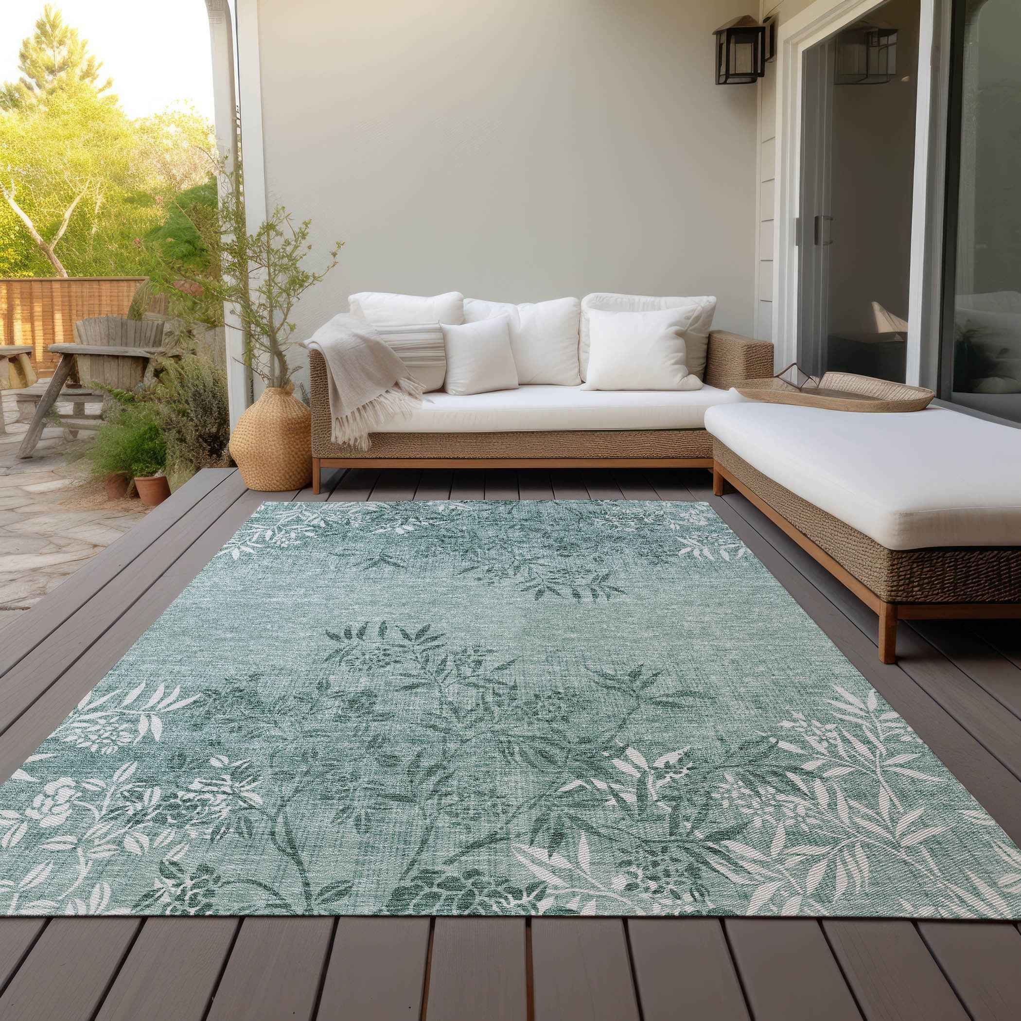 9' X 12' Sage Fern Green And Ivory Floral Washable Indoor Outdoor Area Rug