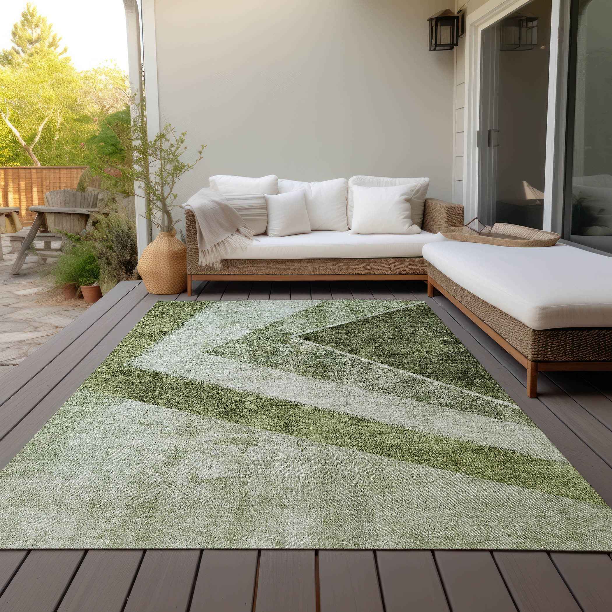 3' X 5' Olive Green And Artichoke Green Geometric Washable Indoor Outdoor Area Rug