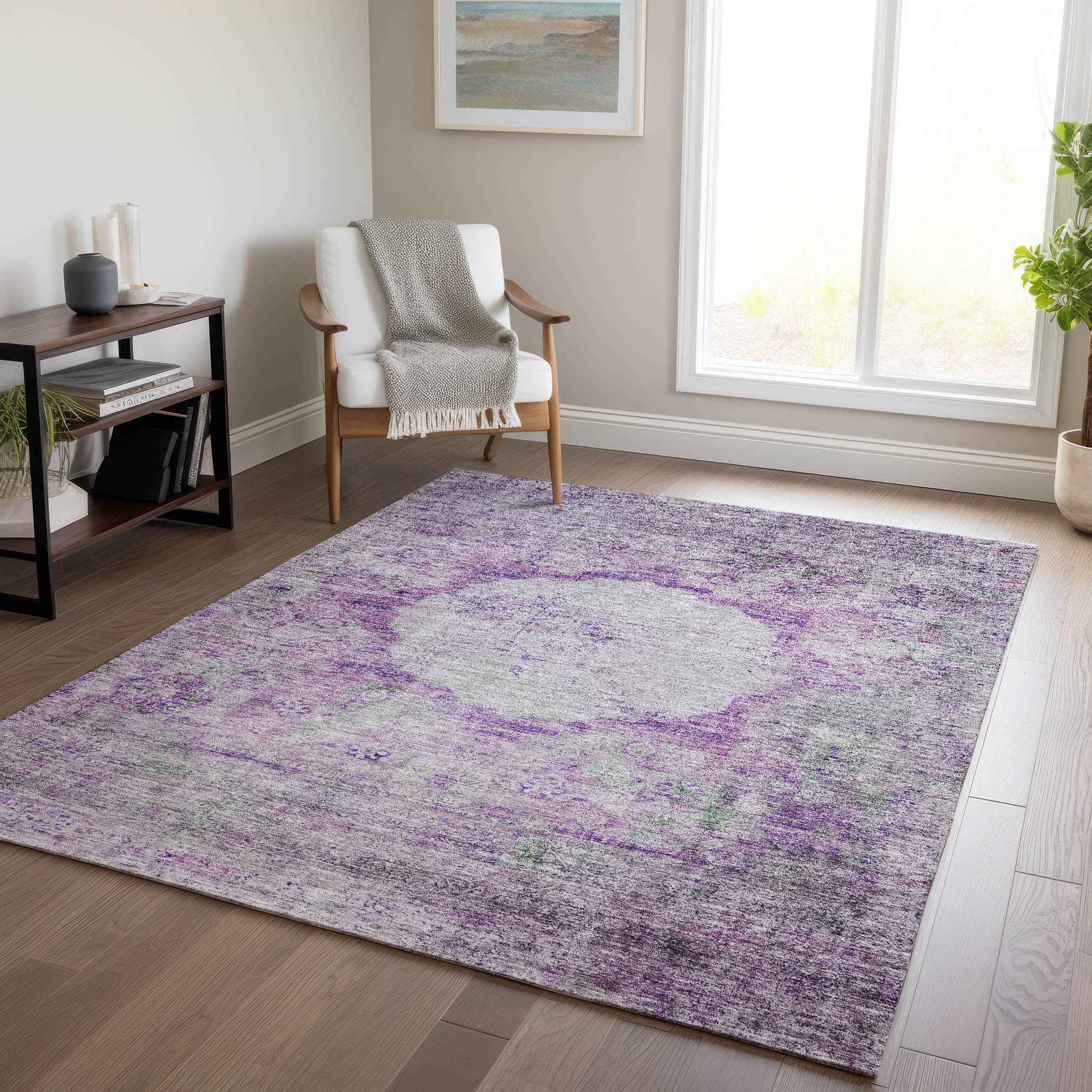 5' X 8' Purple Lavender And Gray Oriental Washable Indoor Outdoor Area Rug