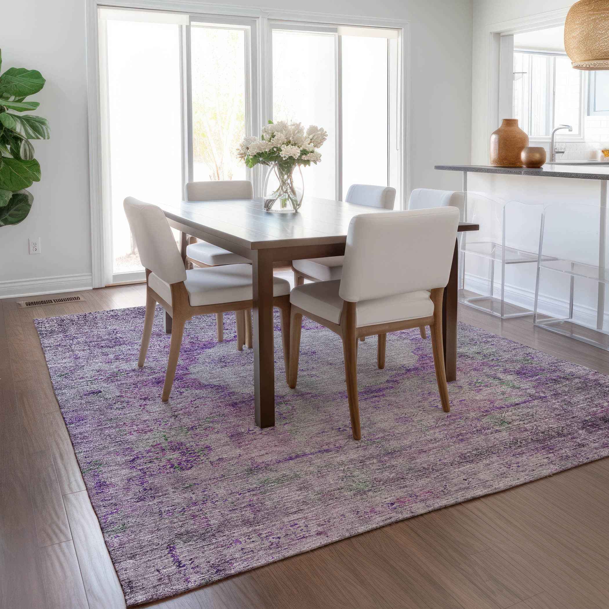 5' X 8' Purple Lavender And Gray Oriental Washable Indoor Outdoor Area Rug