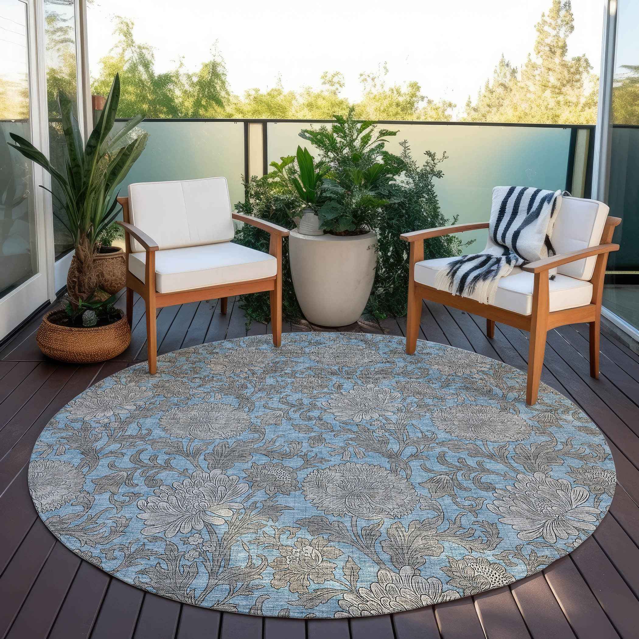 8' Blue Gray And Silver Round Floral Washable Indoor Outdoor Area Rug Default Title
