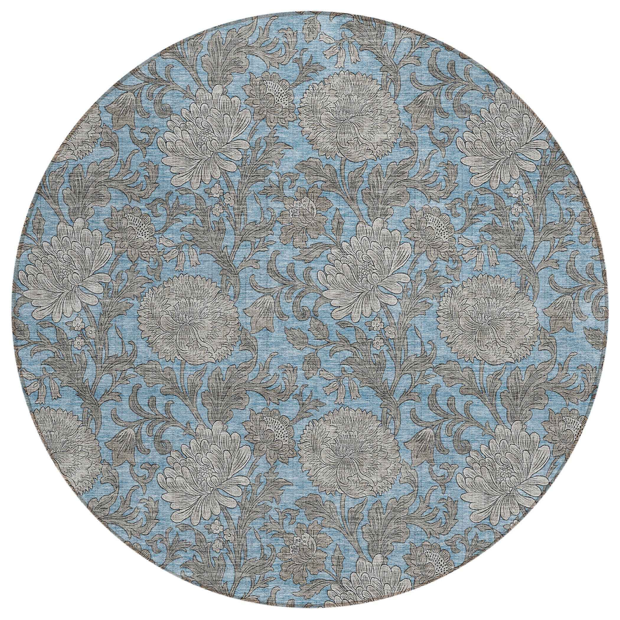 8' Blue Gray And Silver Round Floral Washable Indoor Outdoor Area Rug