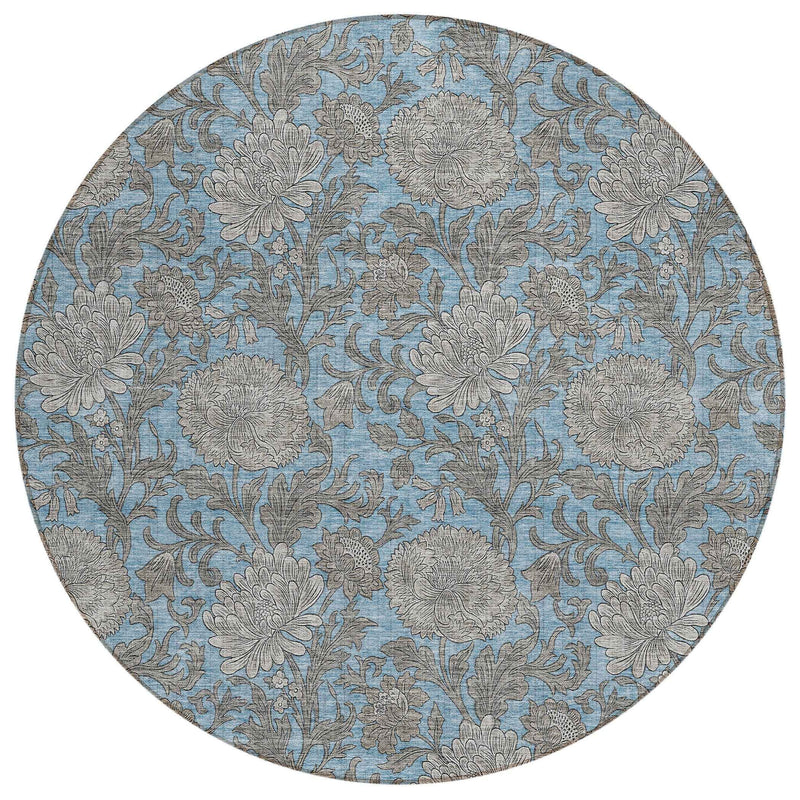 8' Blue Gray And Silver Round Floral Washable Indoor Outdoor Area Rug