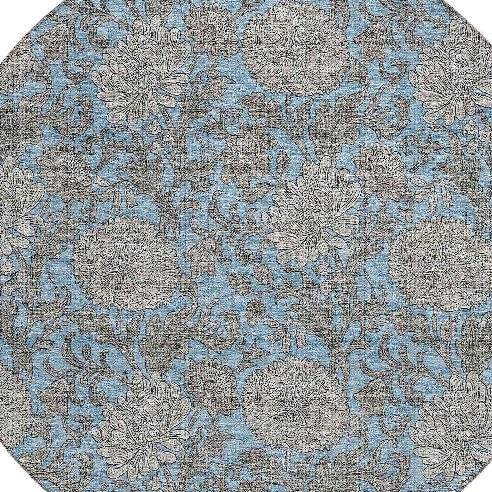 8' Blue Gray And Silver Round Floral Washable Indoor Outdoor Area Rug