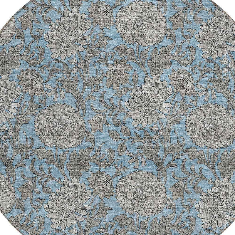 8' Blue Gray And Silver Round Floral Washable Indoor Outdoor Area Rug