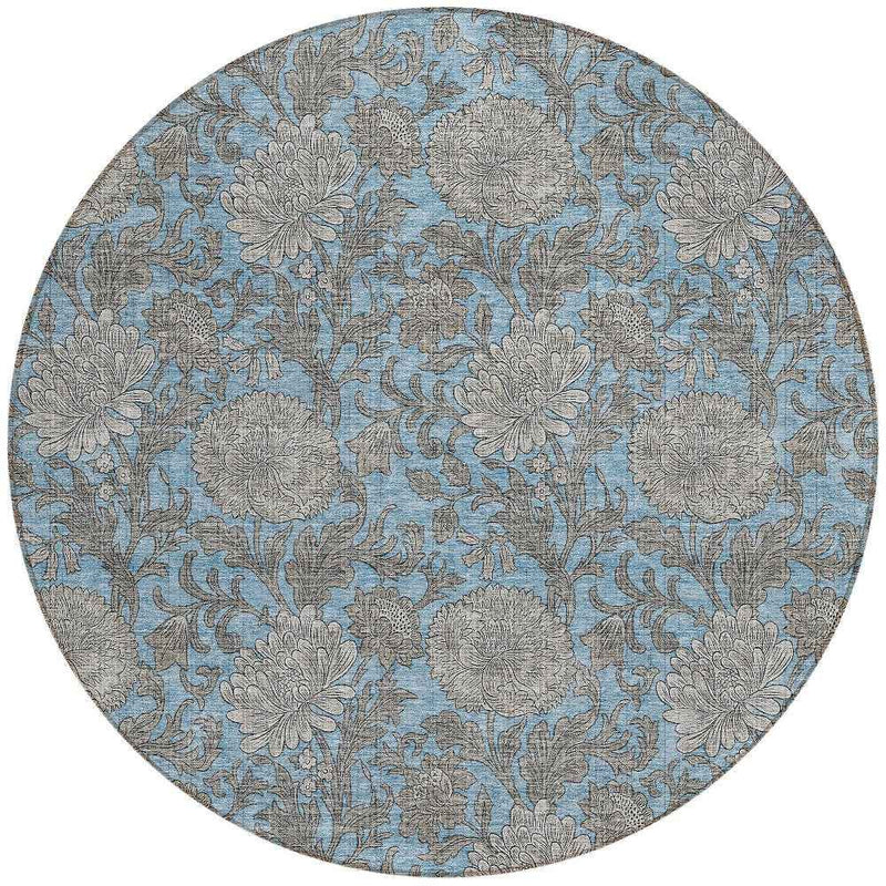 8' Blue Gray And Silver Round Floral Washable Indoor Outdoor Area Rug