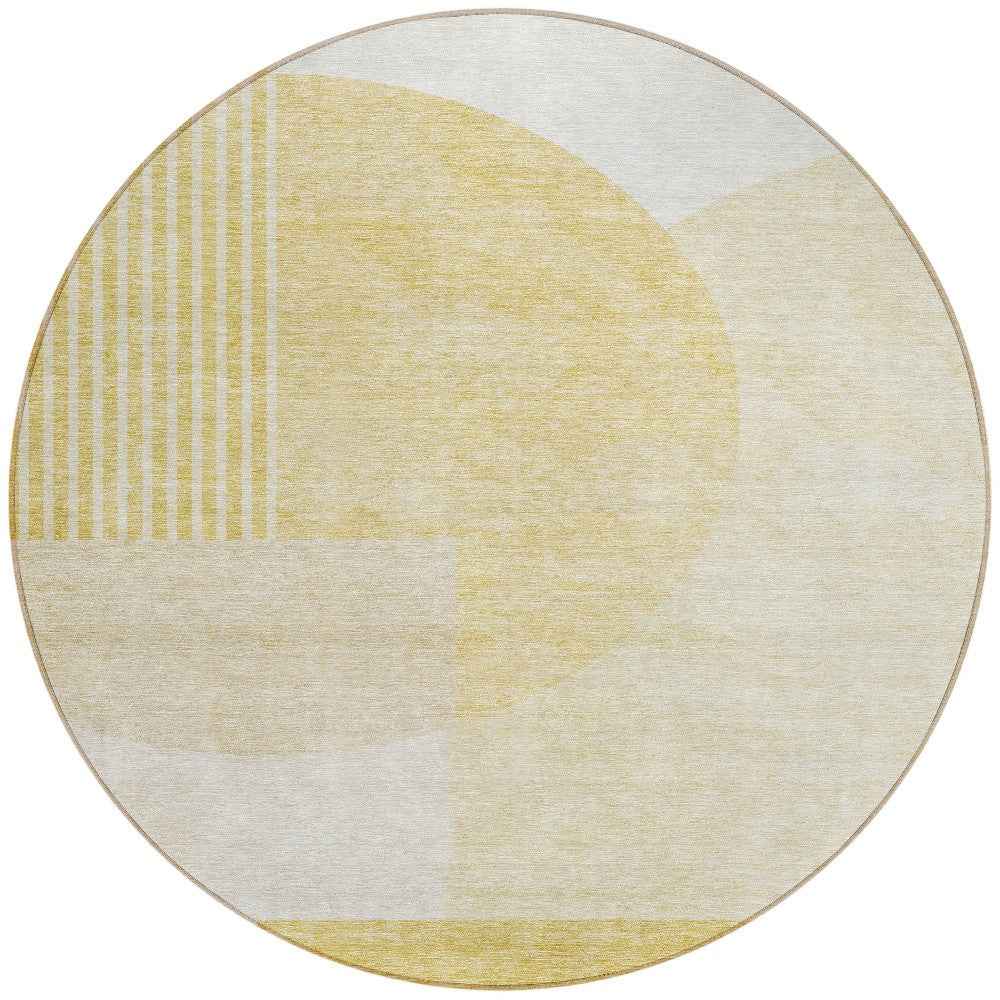 8' Gold Wheat And Ivory Round Geometric Washable Indoor Outdoor Area Rug
