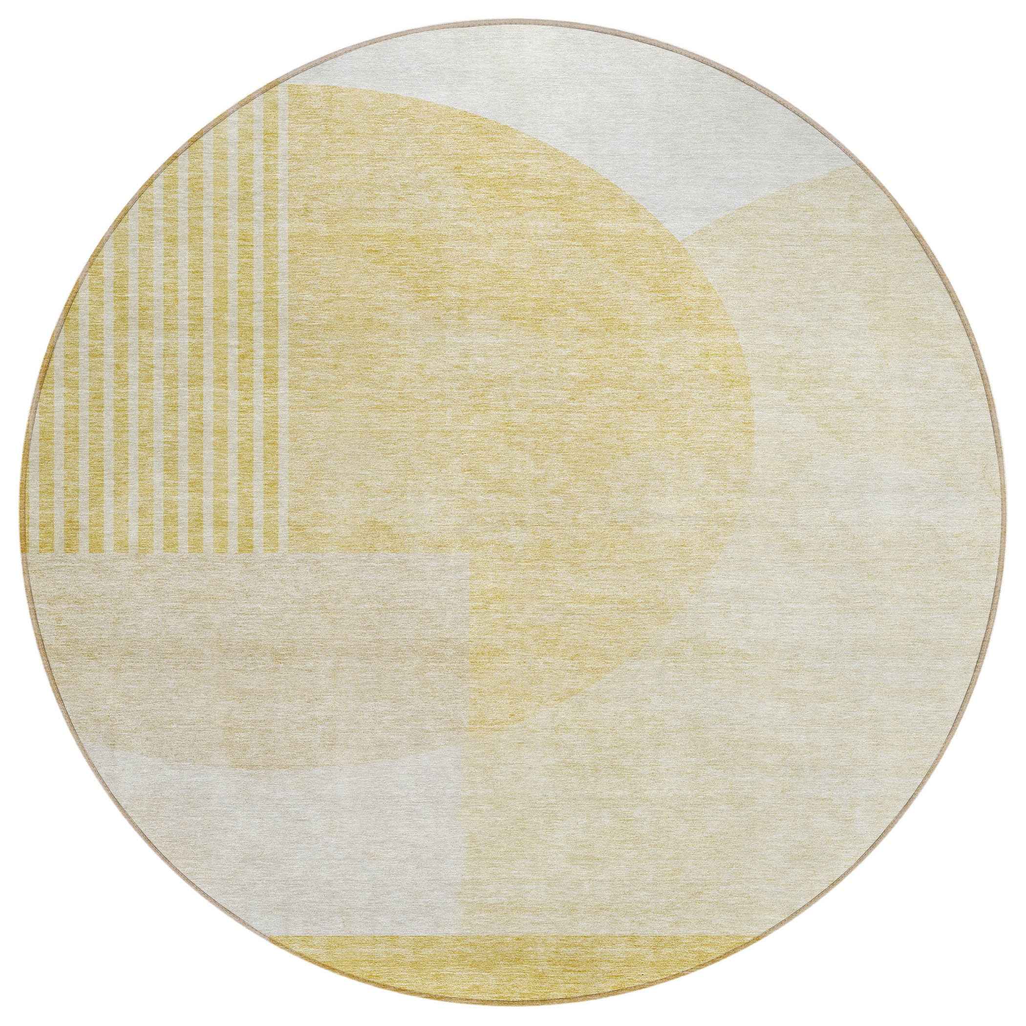 8' Gold Wheat And Ivory Round Geometric Washable Indoor Outdoor Area Rug